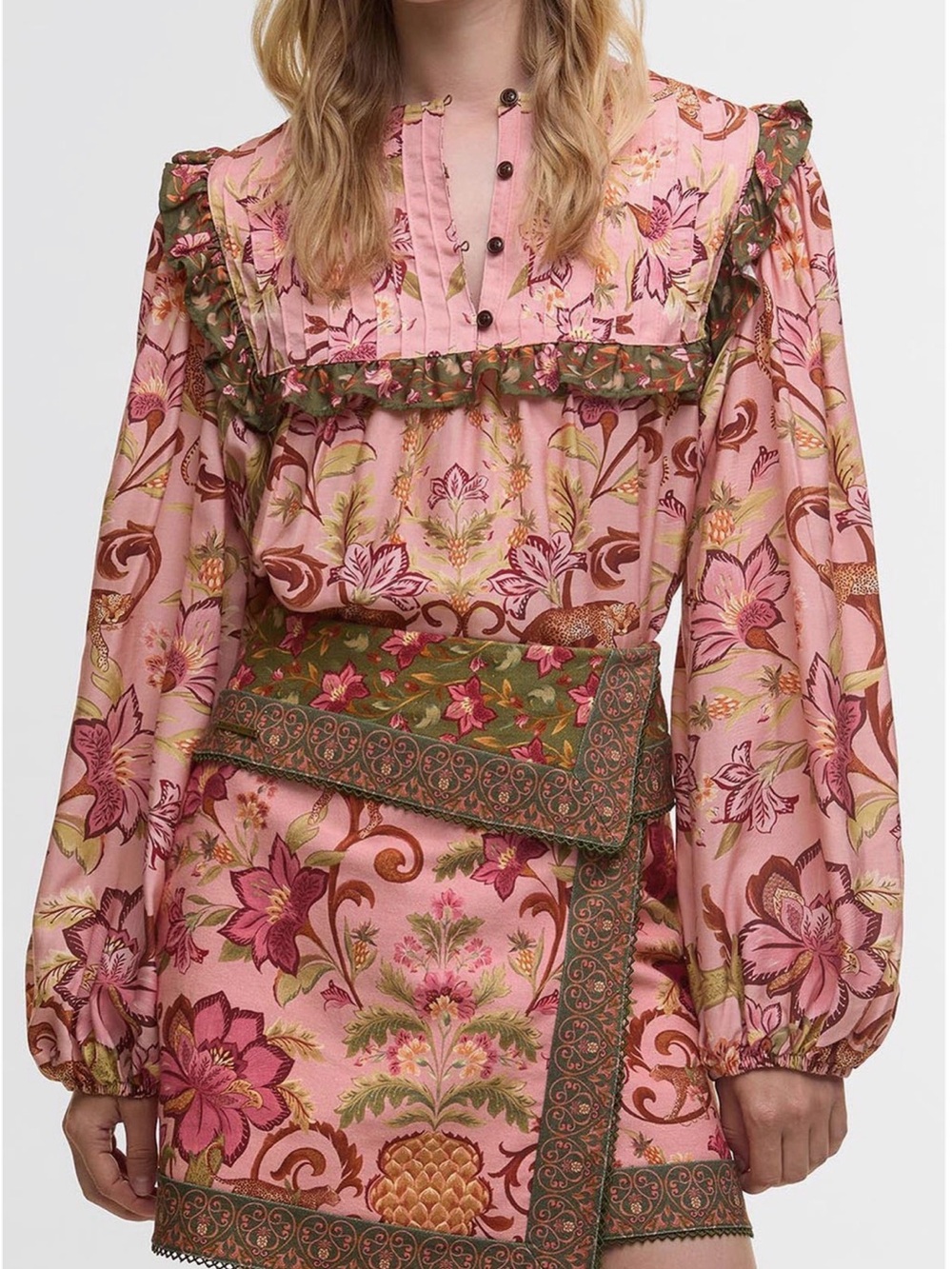 FARM Rio Pink Floral Ruffle-Trim Peasant Blouse